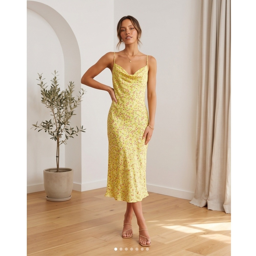 BCBGeneration Lemon Drop Floral Cowl Neck Midi Slip‎ Dress Yellow Size 6 GV03D20